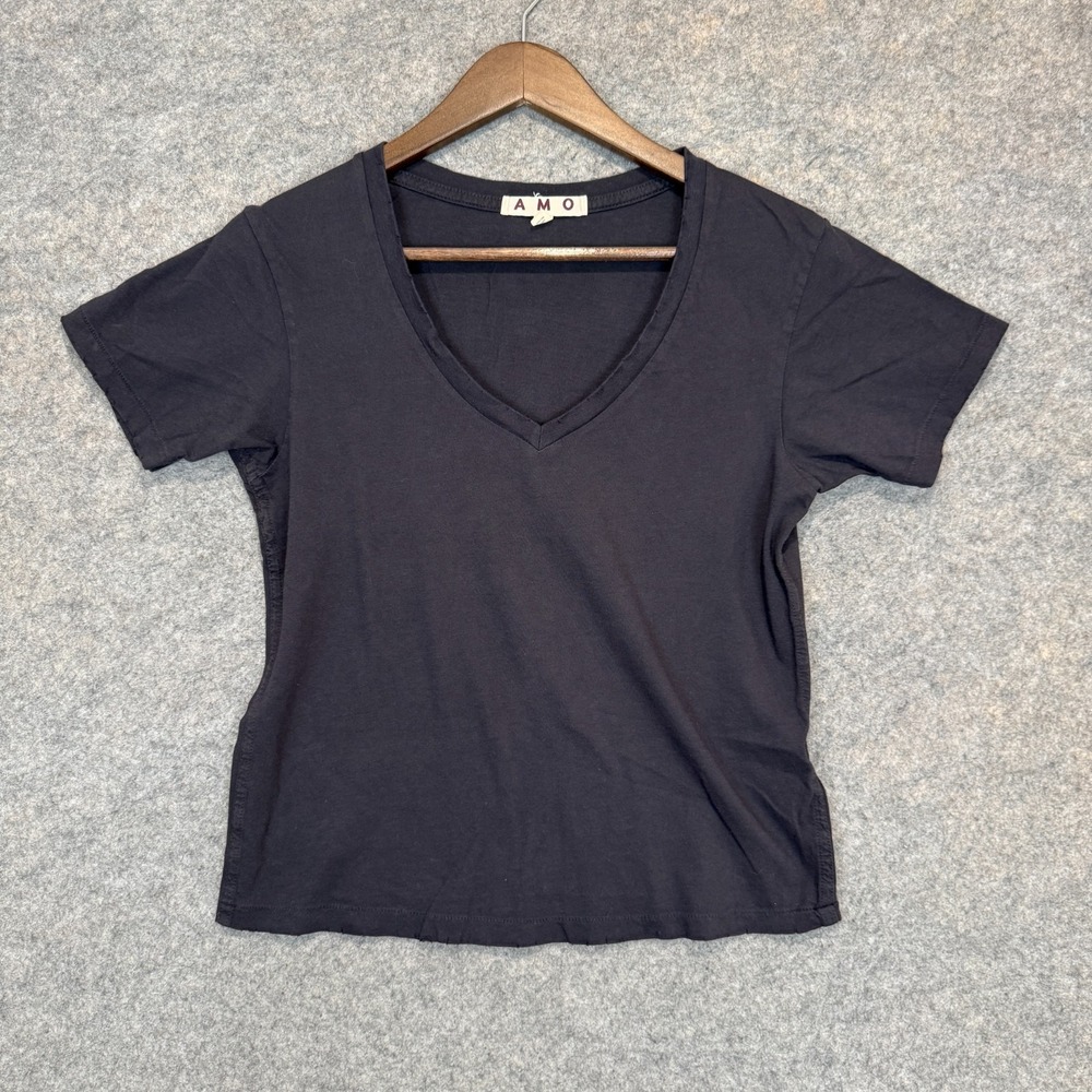 AMO T Shirt Womens XS V Neck Black Cotton Jersey Knit Black Top Tee USA